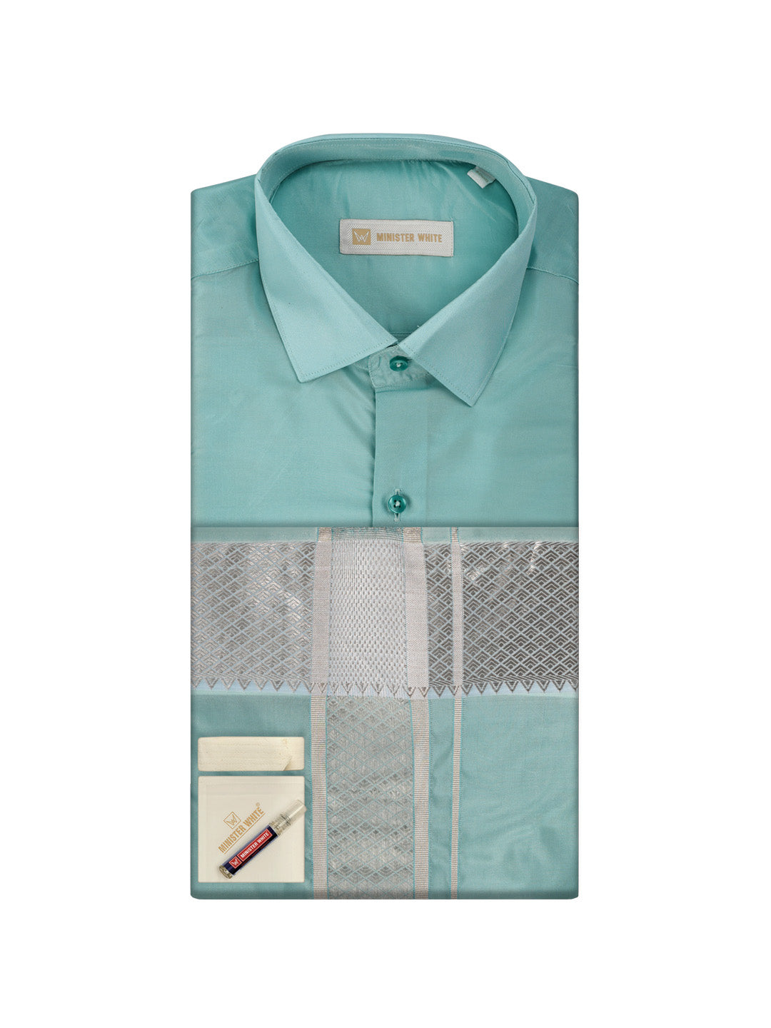 Men's Plain Art Silk Sea Green Full Sleeves Shirt with 3"Jacquard Silver Jari Border Flexi Dhoti Combo Mangal