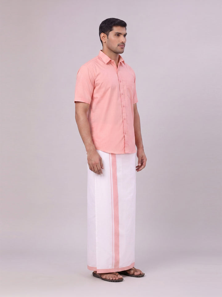 Mens Light Pink Color Shirt with Matching Border Dhoti Combo Casper