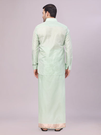 Men's Art Silk Pista Jacquard Full Sleeves Shirt with 2 1/2" Jari Border & Towel Dhoti Combo Nautica