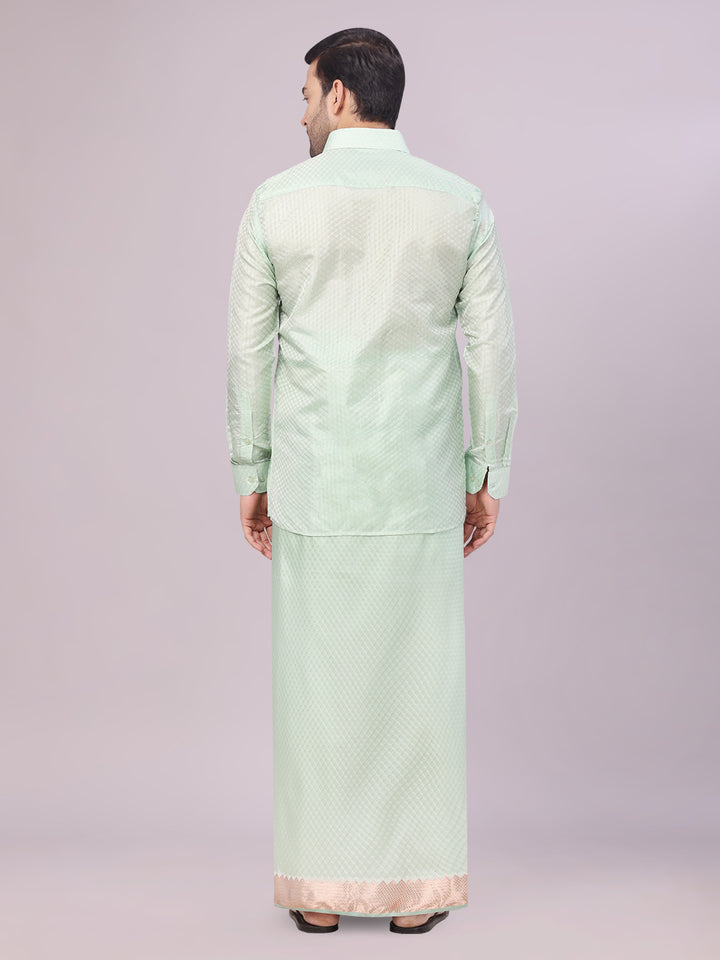 Men's Art Silk Pista Jacquard Full Sleeves Shirt with 2 1/2" Jari Border & Towel Dhoti Combo Nautica