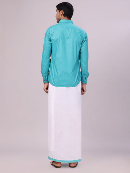 Men's Sky Blue Color Shirt with Matching Border Dhoti Combo Casper back pose