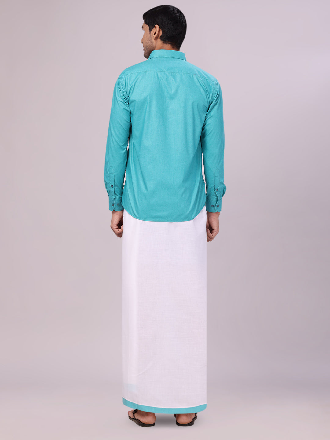 Men's Sky Blue Color Shirt with Matching Border Dhoti Combo Casper back pose