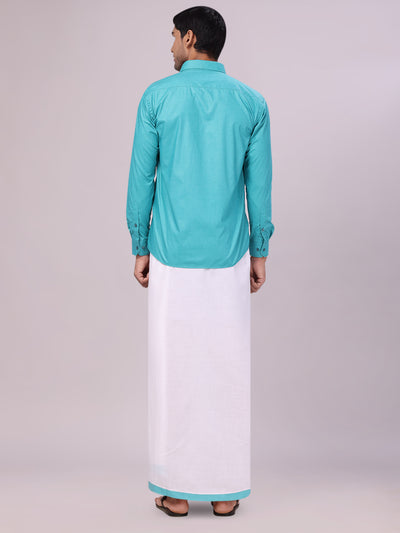 Mens Sky Blue Color Shirt with Matching Border Dhoti Combo Casper