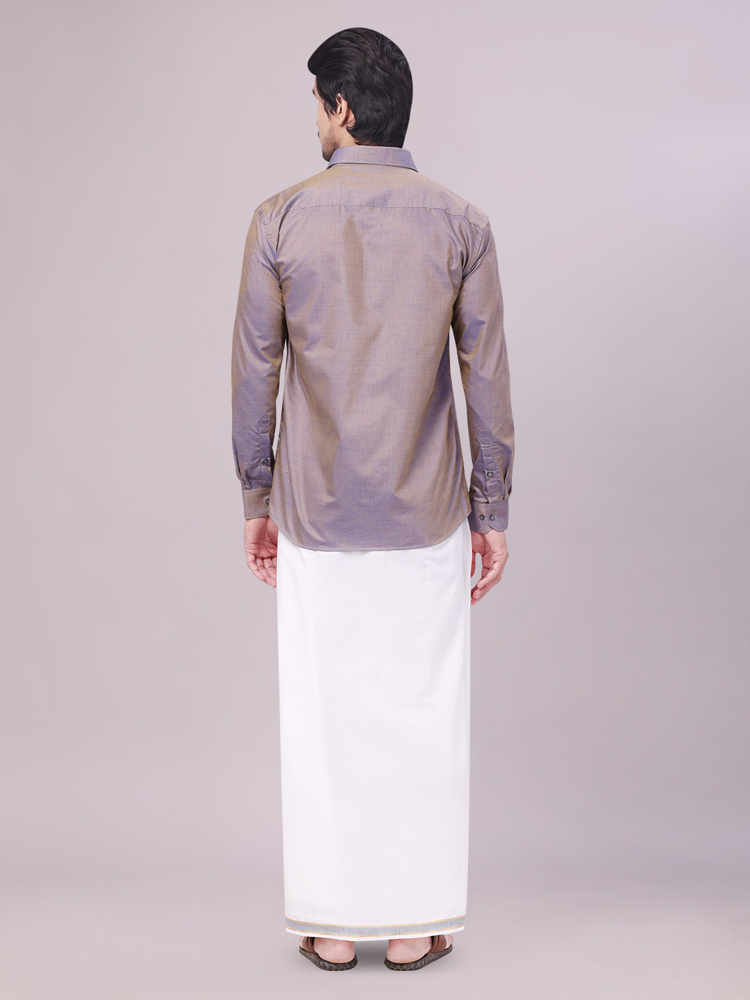 Men's Ash Grey Shirt with Matching Border Dhoti Combo Pinto back pose