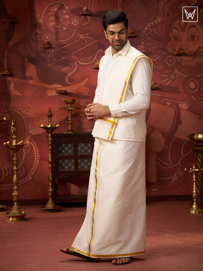 Mens Pure Cotton Wedding Cream Shirt with Flexi Waist Dhoti and Towel by Minister White