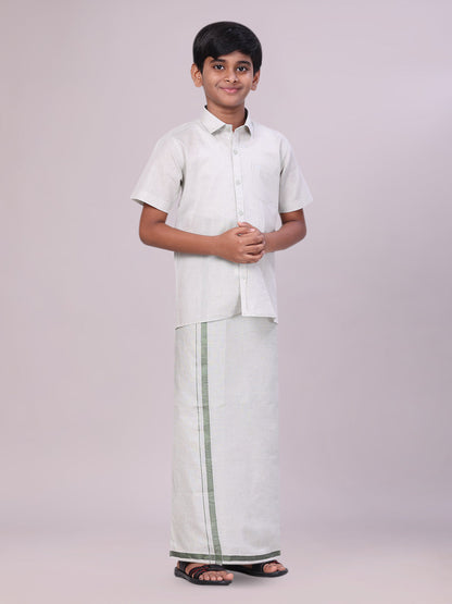 Boys Tissue Olive Green Colour Shirt with Dhoti Combo front pose