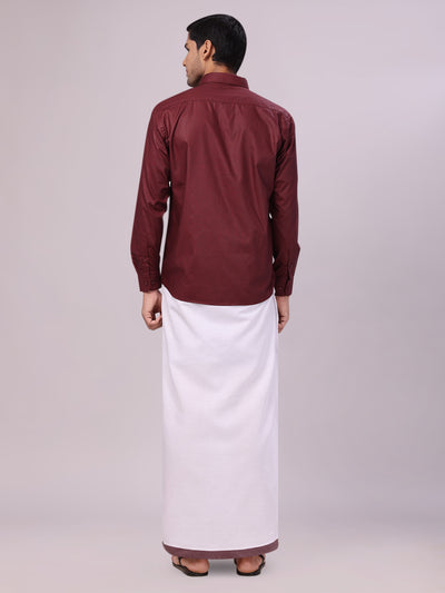 Mens Maroon Color Shirt with Matching Border Dhoti Combo Casper