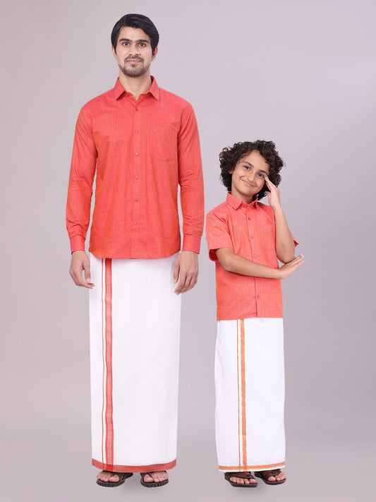 Father & Son Brick Color Cotton Shirt with Matching Border Dhoti Combo
