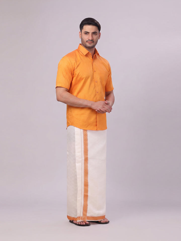 Men's Cotton Orange Shirt and Airtex Matching Border Dhoti Combo Nector
