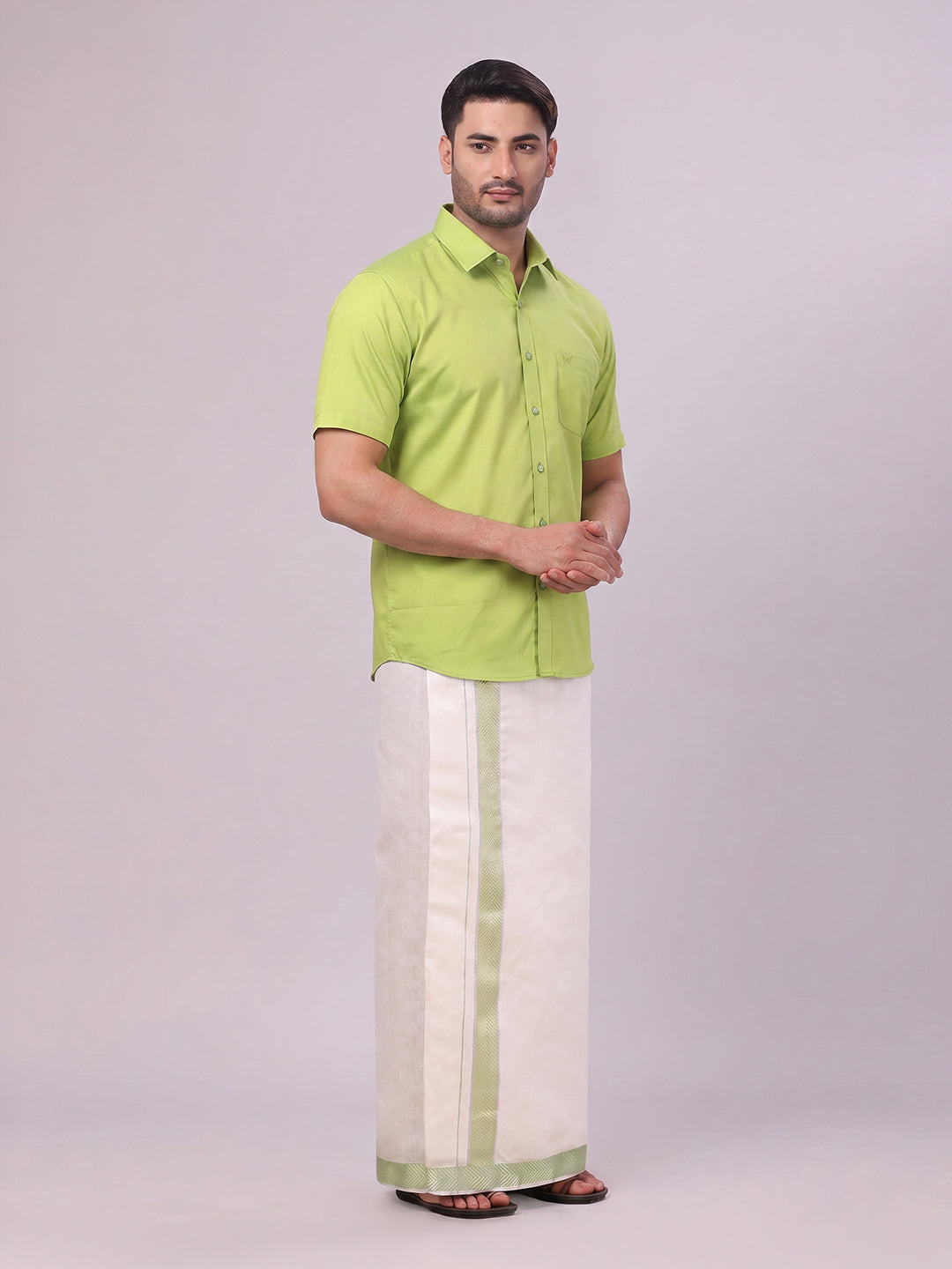 Men Cotton Parrot Green Shirt and Airtex Matching Border Dhoti Combo Nector