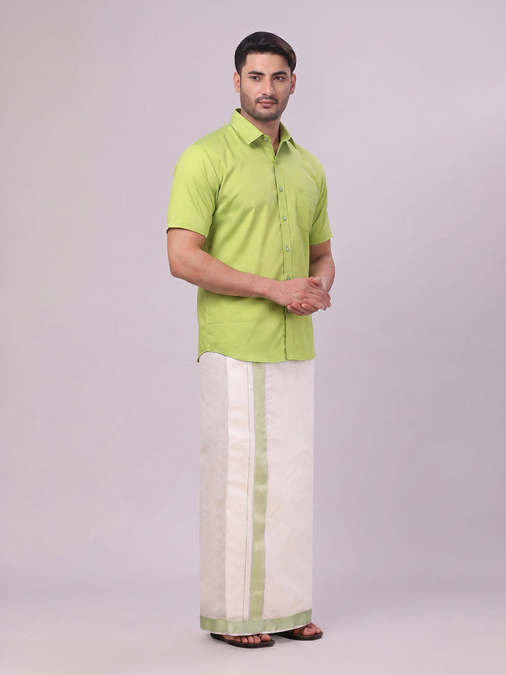 Men Cotton Parrot Green Shirt and Airtex Matching Border Dhoti Combo Nector
