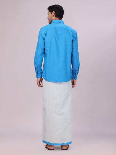 Men's Cotton Blue Shirt with Tissue Matching Border Dhoti Wedding Combo Kandala back pose