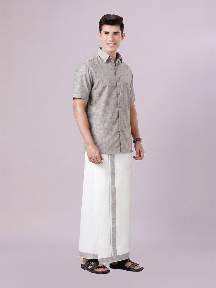 Men's Light Grey Color Digital Printed Shirt with Matching Printed Border Dhoti Combo Varnam