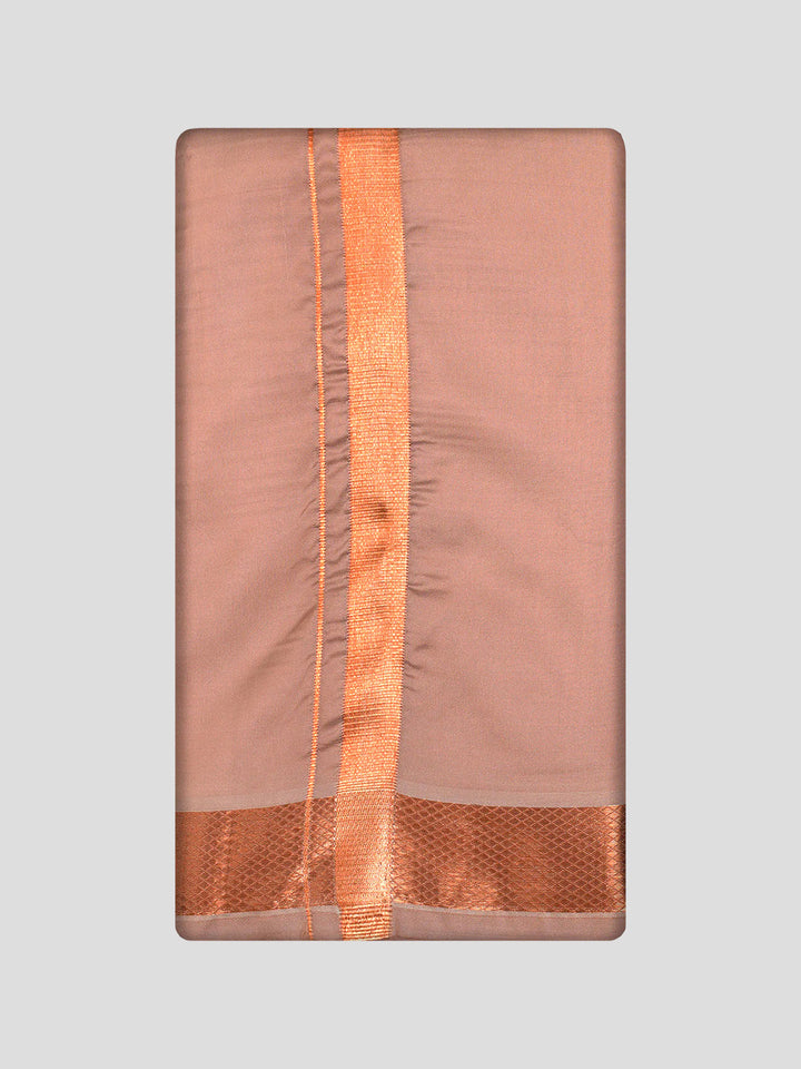 Men's Premium Art Silk Dark Copper Shirt Bit with Copper Jari Border Dhoti Towel Combo Wedding Wonders