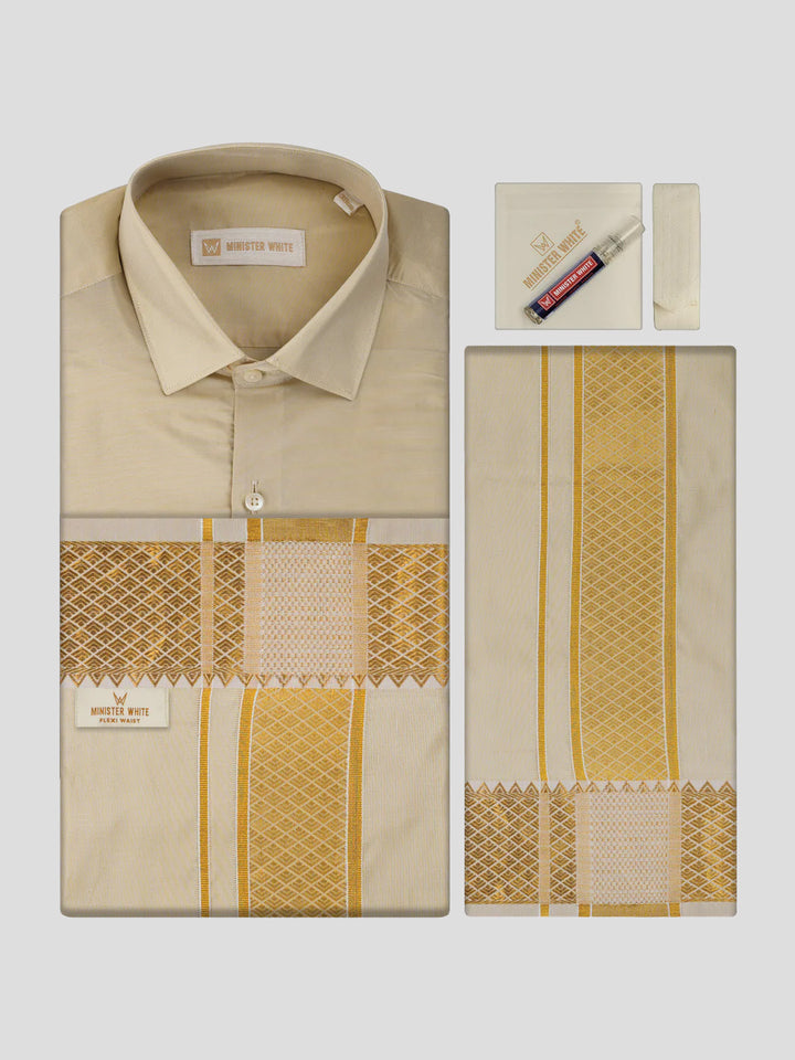 Men's Plain Art Silk Medium Gold Full Sleeves Shirt with 3"Jacquard Jari Border Flexi Dhoti Combo Mangal