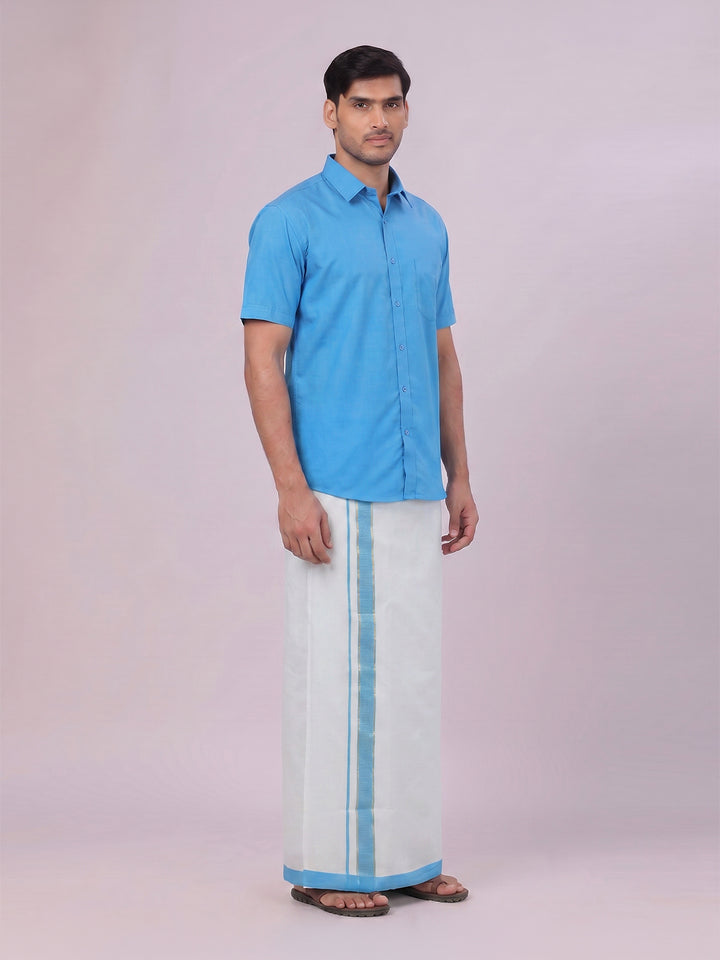 Mens Cotton Blue Shirt with Tissue Matching Border Dhoti Wedding Combo Kandala