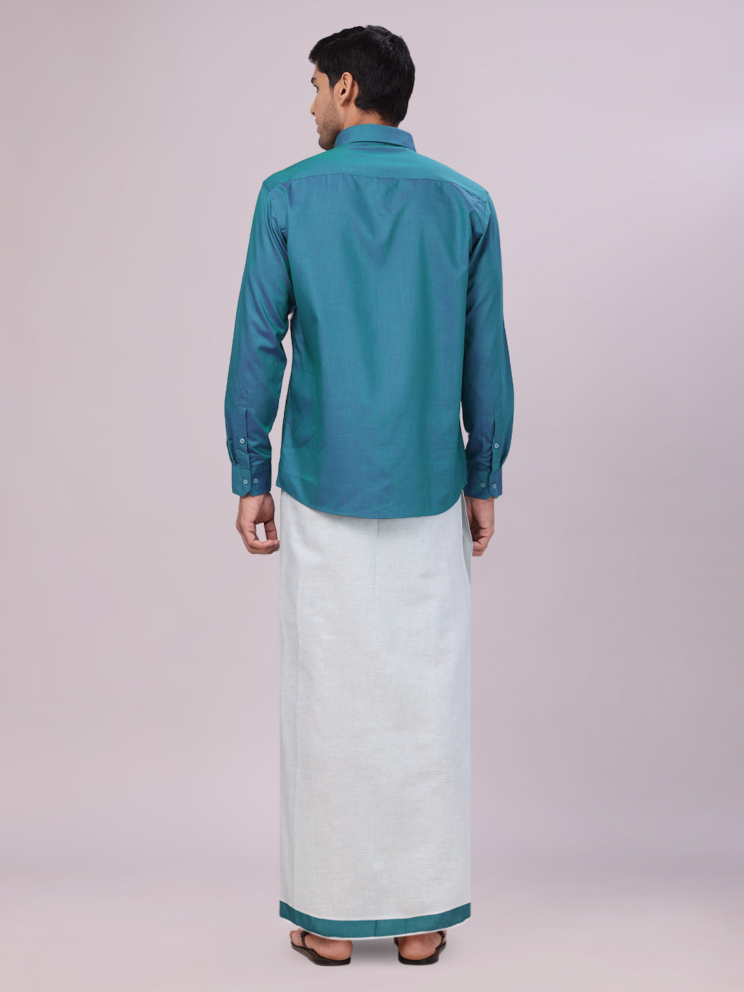 Men's Cotton Green Shirt with Tissue Matching Border Flexi Dhoti Wedding Combo Kandala back pose