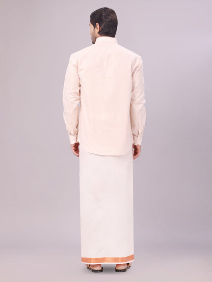 Men's Copper Color Tissue Shirt with Jari Dhoti Combo back pose