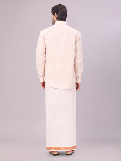 Men's Copper Color Tissue Shirt with Jari Dhoti Combo back pose