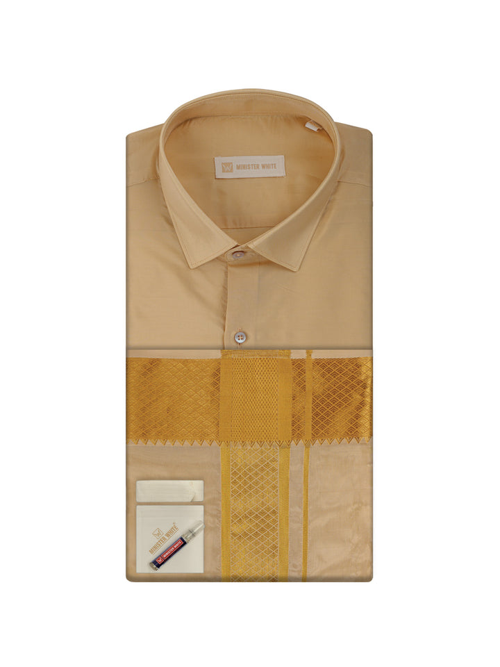 Mens Art Silk Fawn Gold Full Sleeves Shirt with 3"  Gold Jari Border & Towel Dhoti Combo Mangal
