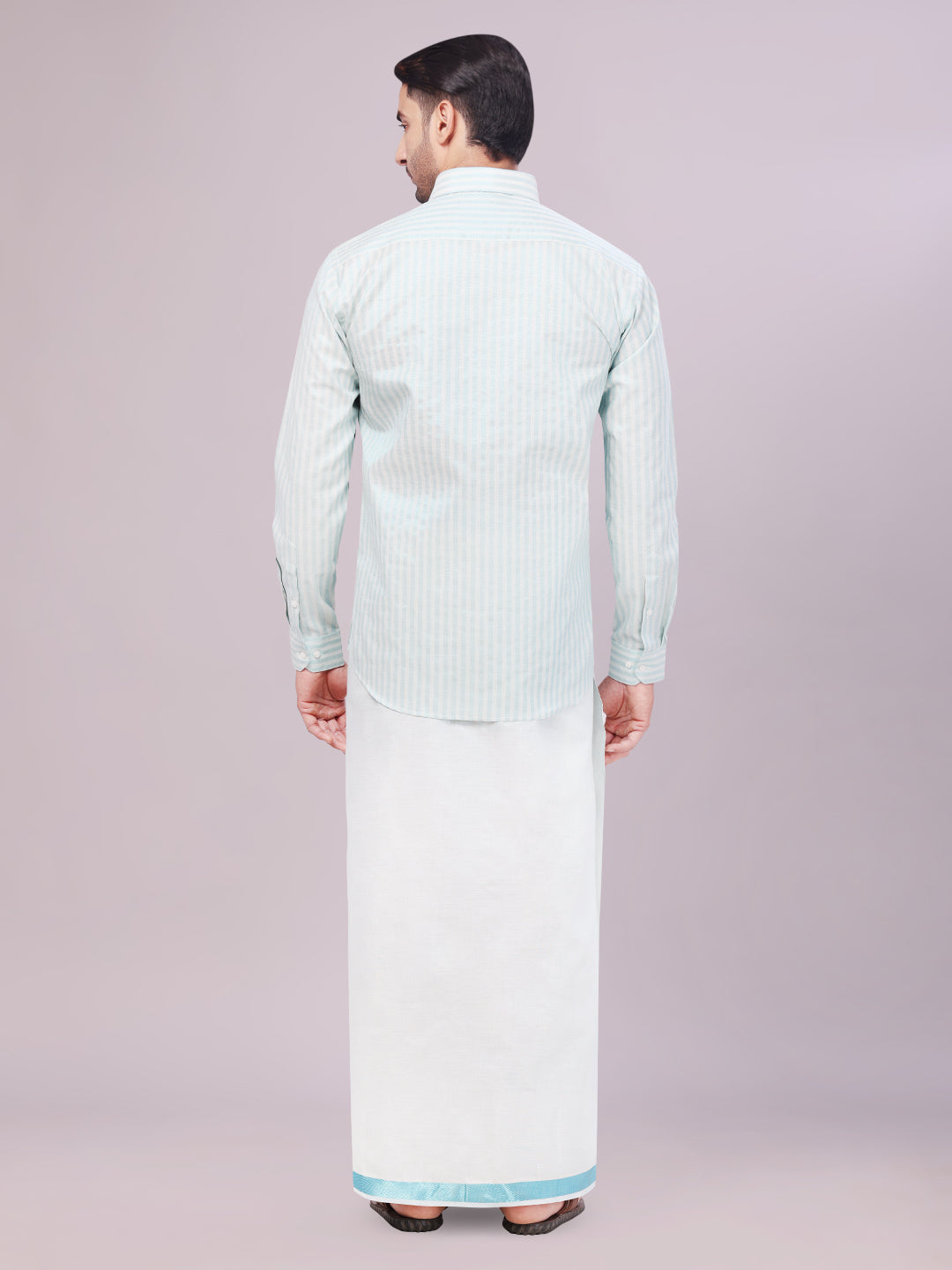 Men's Tissue Stripes Mint Blue Shirt with Plain Jari Border Dhoti Wedding Combo Carter