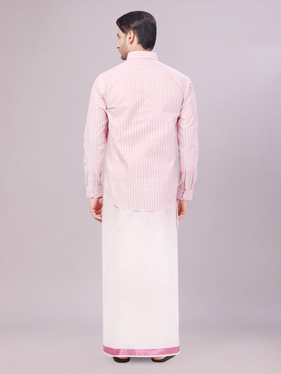 Men's Tissue Stripes Rose Shirt with Plain Jari Border Dhoti Wedding Combo Carter back pose