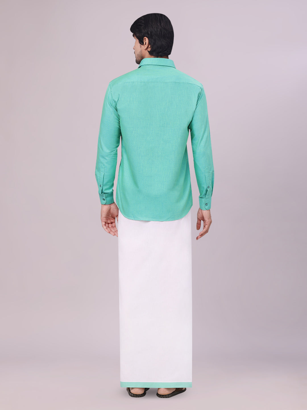 Men's Light Blue Colour Shirt with Matching Fancy Border Dhoti Combo Lemax back pose