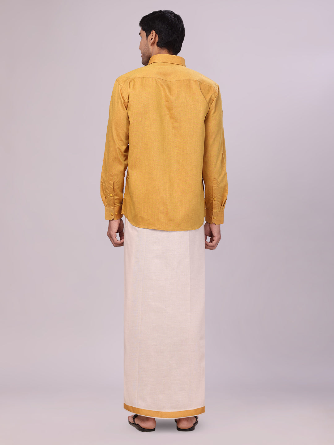 Mens Cotton Mustard Shirt with Tissue Matching Border Flexi Dhoti Wedding Combo Kandala