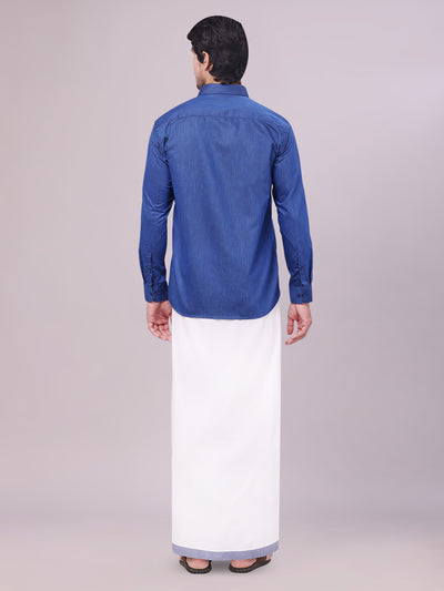 Men's Dark Blue Color Cotton Shirt with Matching Border Dhoti Combo back pose