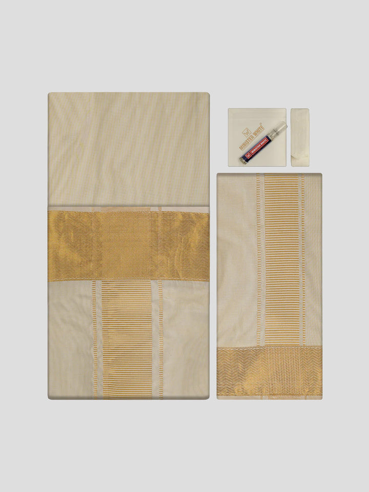 Men's Art Silk Medium Gold Jacquard Full Sleeves Shirt with 4" Gold Jari Border & Towel Dhoti Combo Mangal