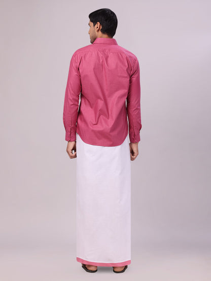 Men's Pink Color Shirt with Matching Border Dhoti Combo Casper back pose