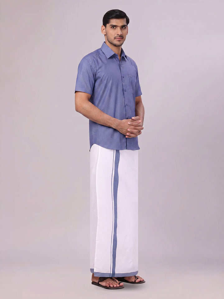 Men's Blue Color Shirt with Matching Border Dhoti Combo Casper