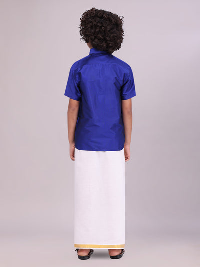 Boys Art Silk Violet Half Sleeves Shirt with Gold Jari Flexi Dhoti Towel Combo back pose