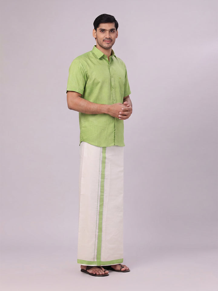 Mens Cotton Light Green Shirt with Tissue Matching Border Dhoti Wedding Combo Kandala