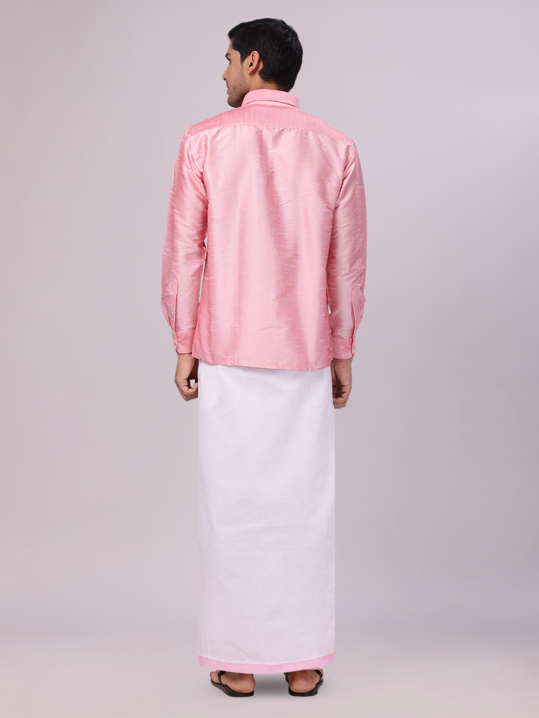 Men's Light Pink Dupion Satin Shirt with Matching Border Flexi Dhoti Combo Gora Flexi back pose