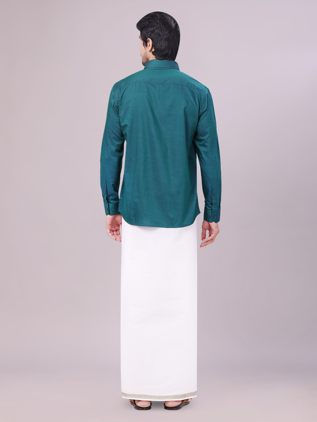 Men's Teal Green Shirt with Matching Border Dhoti Combo Pinto back pose