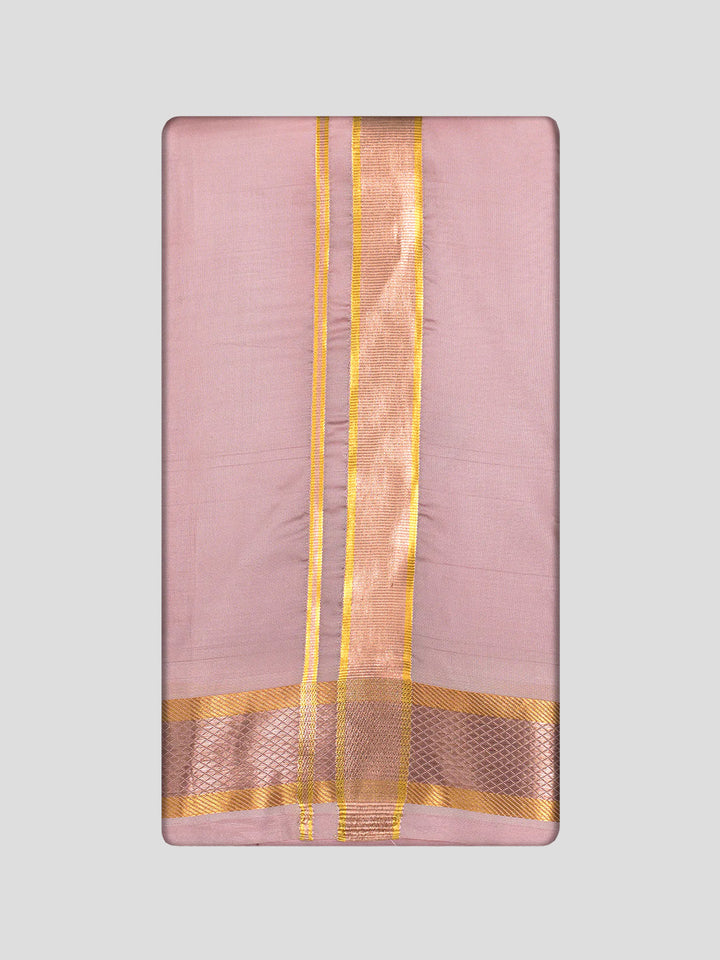 Men's Premium Art Silk Pink Shirt Bit with Gold Jari Border Dhoti Towel Combo Wedding Wonders
