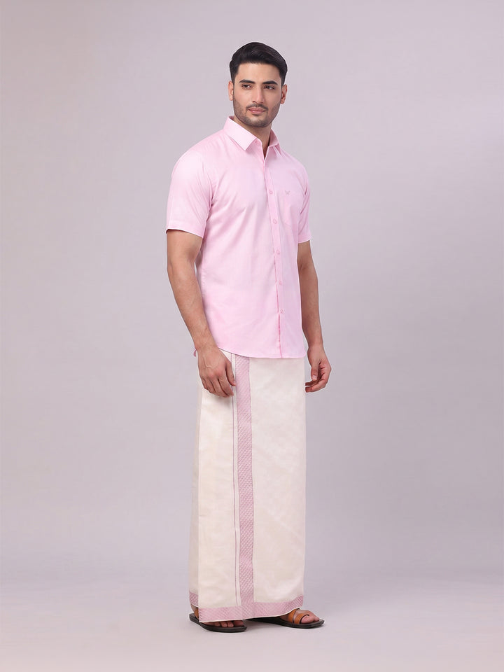 Men's Cotton Light Rose Shirt and Airtex Matching Border Dhoti Combo Nector