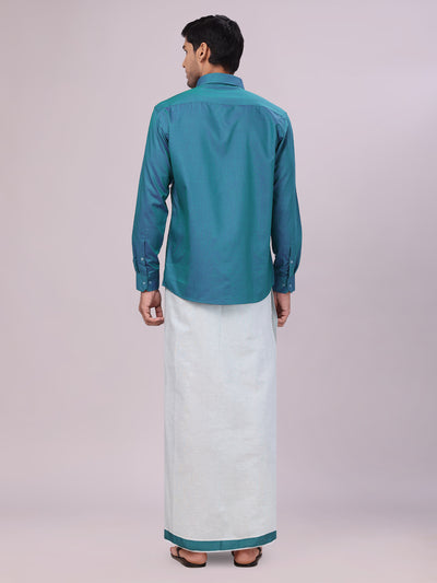 Men's Green Color Cotton Shirt with Matching Border Tissue Dhoti Combo back pose