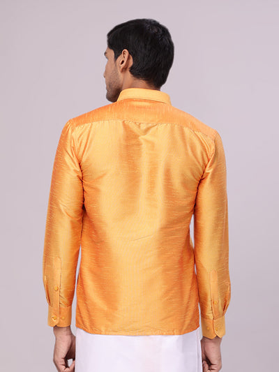 Men Dupion Satin Regular Fit Gold Yellow Color Shirt back pose