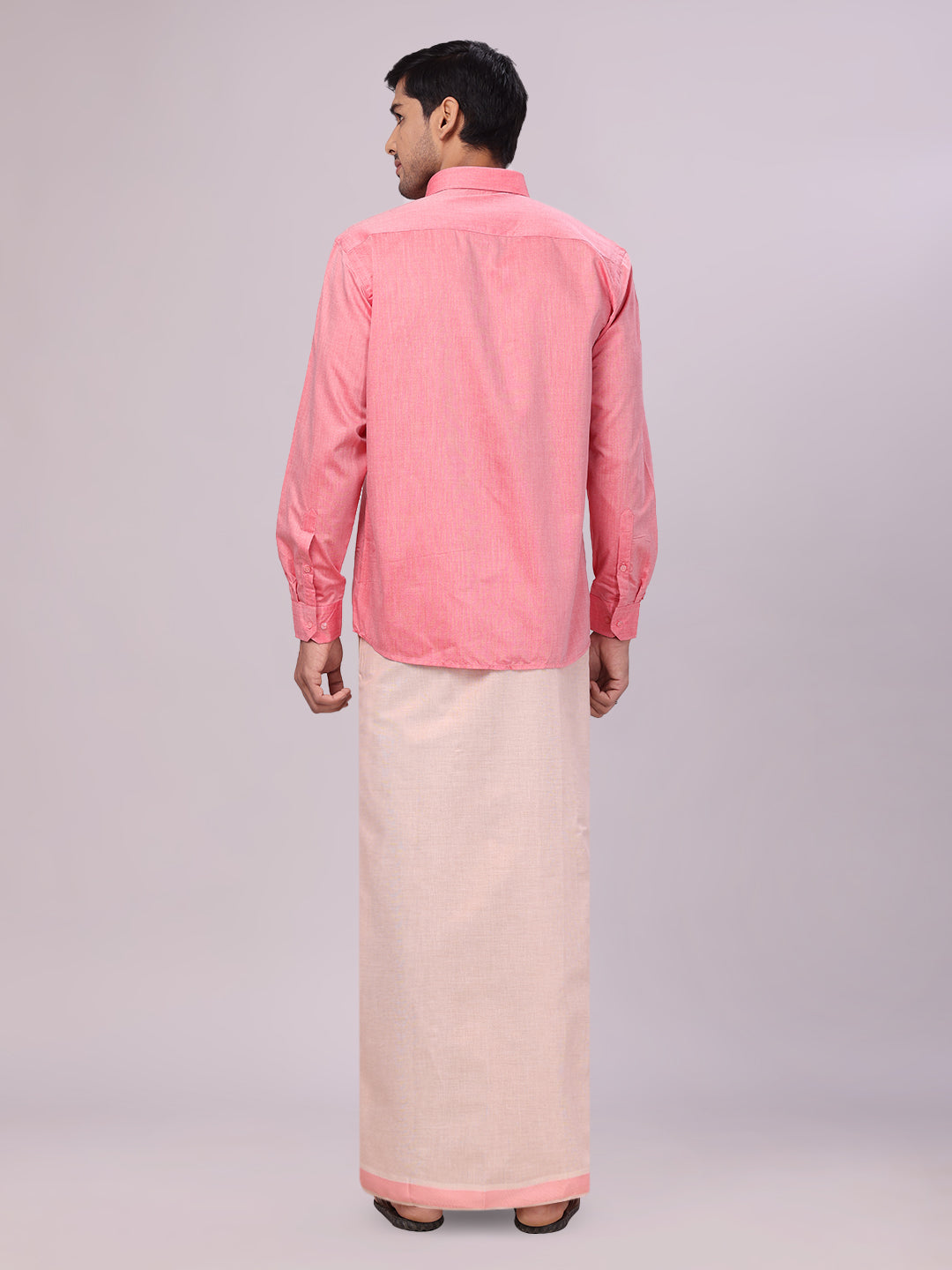 Men's Cotton Pink Shirt with Tissue Matching Border Dhoti Wedding Combo Kandala back pose