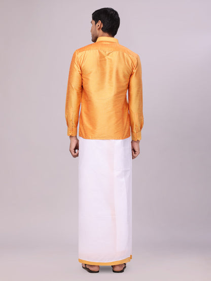 Men's Yellow Dupion Satin Color Shirt with Matching Border Flexi Dhoti Combo Gora Flexi back pose