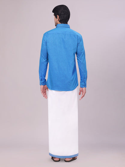 Men's Blue Color Cotton Shirt with Matching Border Dhoti Combo back pose