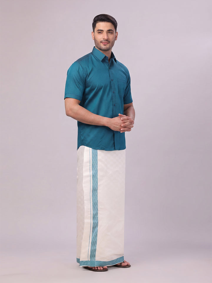 Men's Cotton Steel Blue Shirt and Airtex Matching Border Dhoti Combo Nector