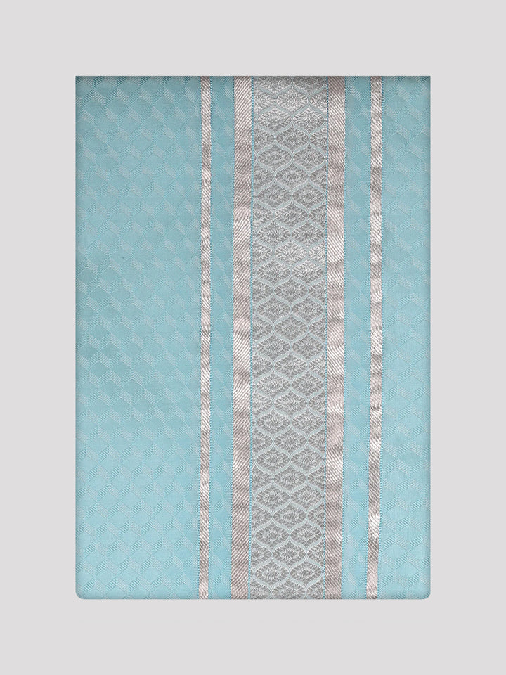 Mens Art Silk Sea Green Full Sleeves Shirt with 2 1/2" Silver Jari Border Dhoti Combo Nautica