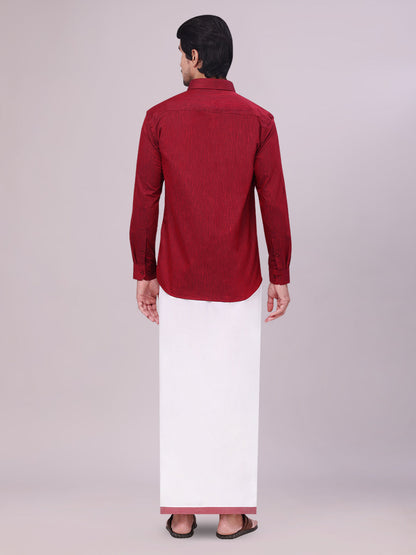 Men's Maroon Colour Shirt with Matching Fancy Border Dhoti Combo Lemax back pose