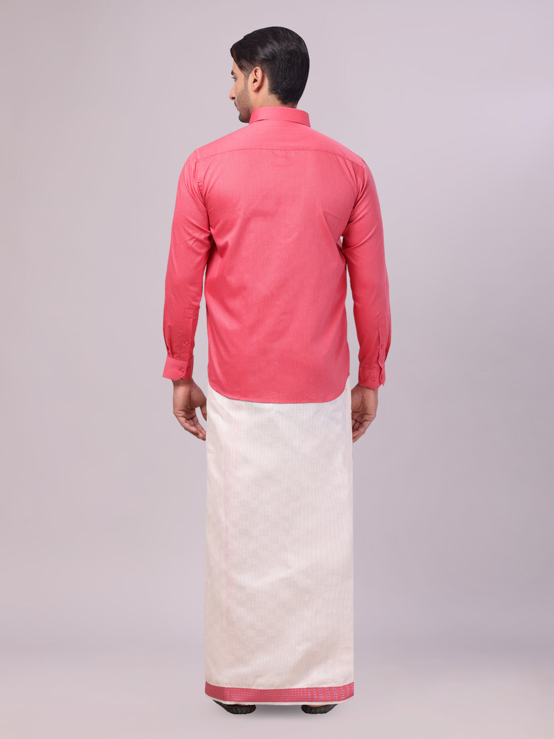 Men's Cotton Dark Pink Shirt and Airtex Matching Border Dhoti Combo Nector back pose