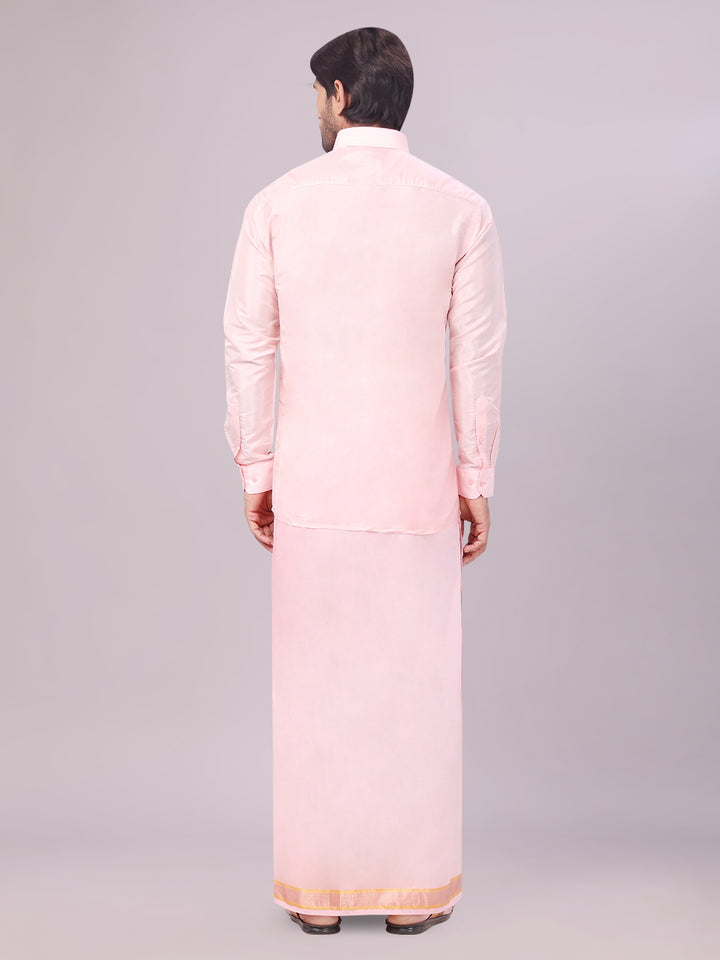 Mens Art Silk Pink Full Sleeves Shirt with Gold Jari Border Dhoti & Towel Combo Blush