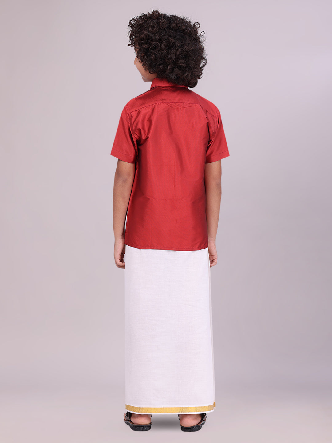 Boys Art Silk Red Half Sleeves Shirt with Gold Jari Flexi Dhoti Towel Combo back pose