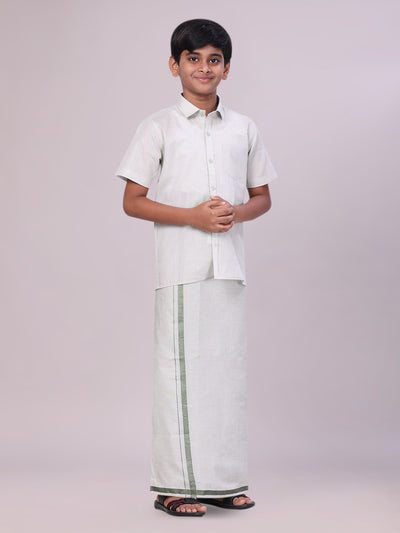 Kids Olive Green Color Tissue Shirt with Jari Dhoti Combo side pose